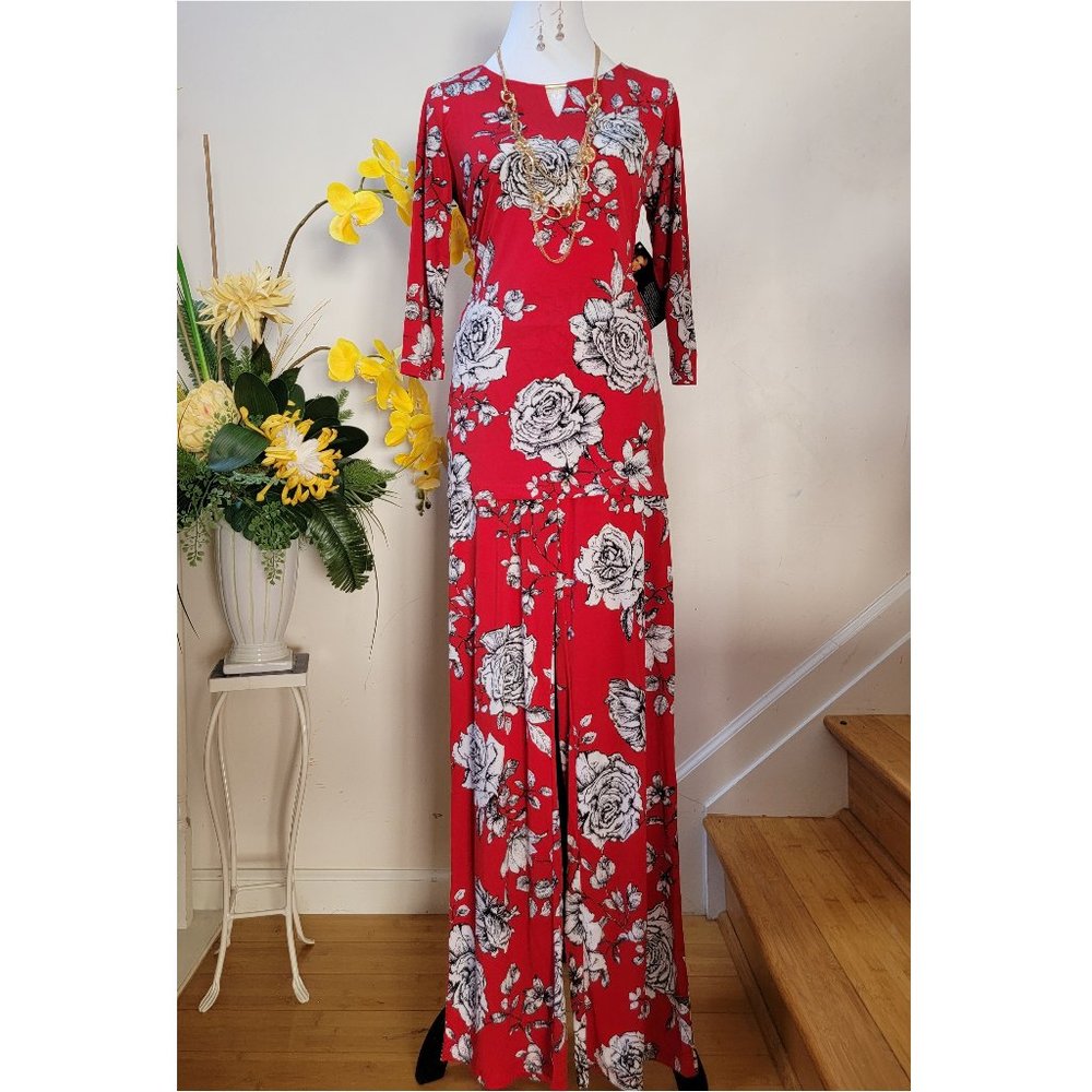 IMAN Global Chic Red Peony Tunic & Palazzo Pant Set + Goldtone Jewelery Set